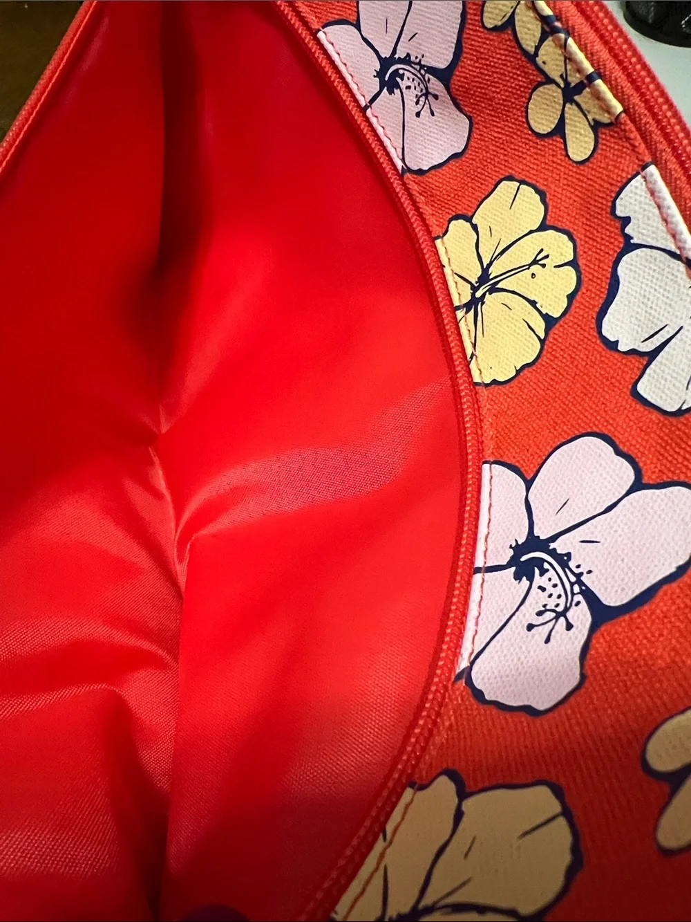 Life is Good Red Floral Zip Pouch with Pink & Yellow Blooms